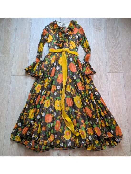 Vintage 60s 70s Floral Hippie Maxi Dress Long Sleeve Witchy Made in USA SM - Picture 8 of 16